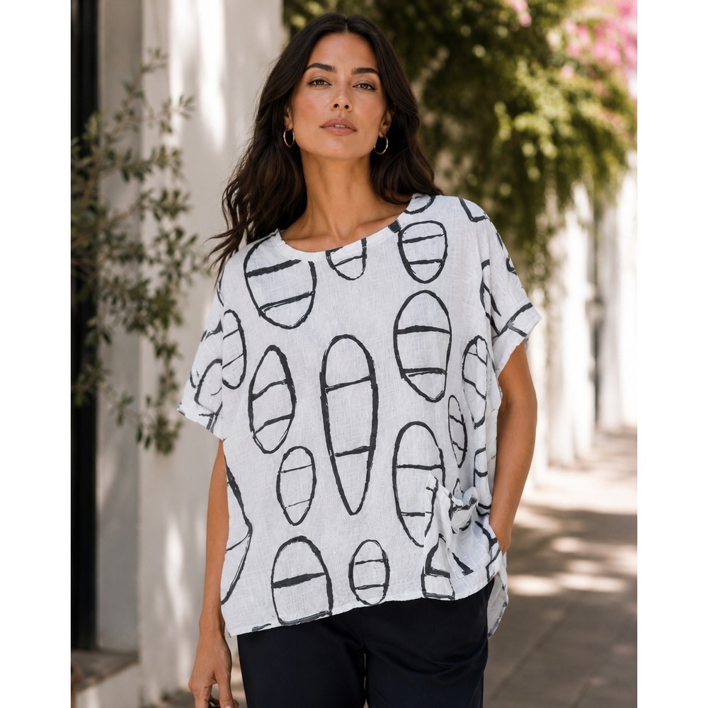 Transparente Italy Linen Cotton Abstract Print Boxy Lagenlook Top White Black 3